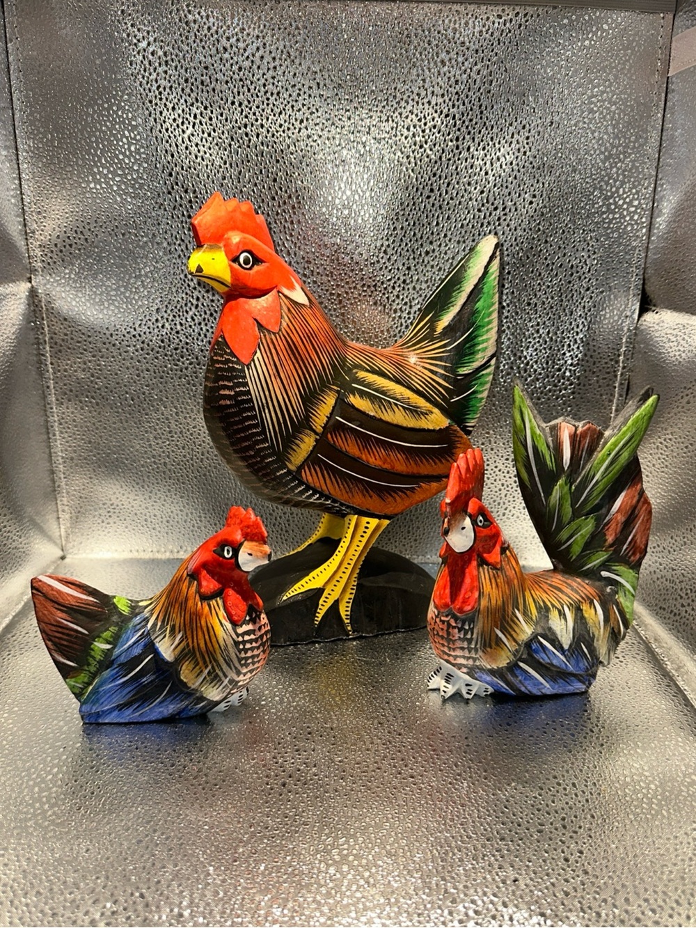 Set of 3 Handpainted Wooden Rooster & Hen Figurines - Colorful Farmyard Set